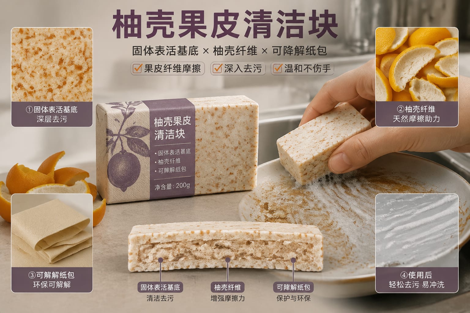 黑哥 AI 原创产品摄影案例：柚壳果皮清洁块购买证据主图。