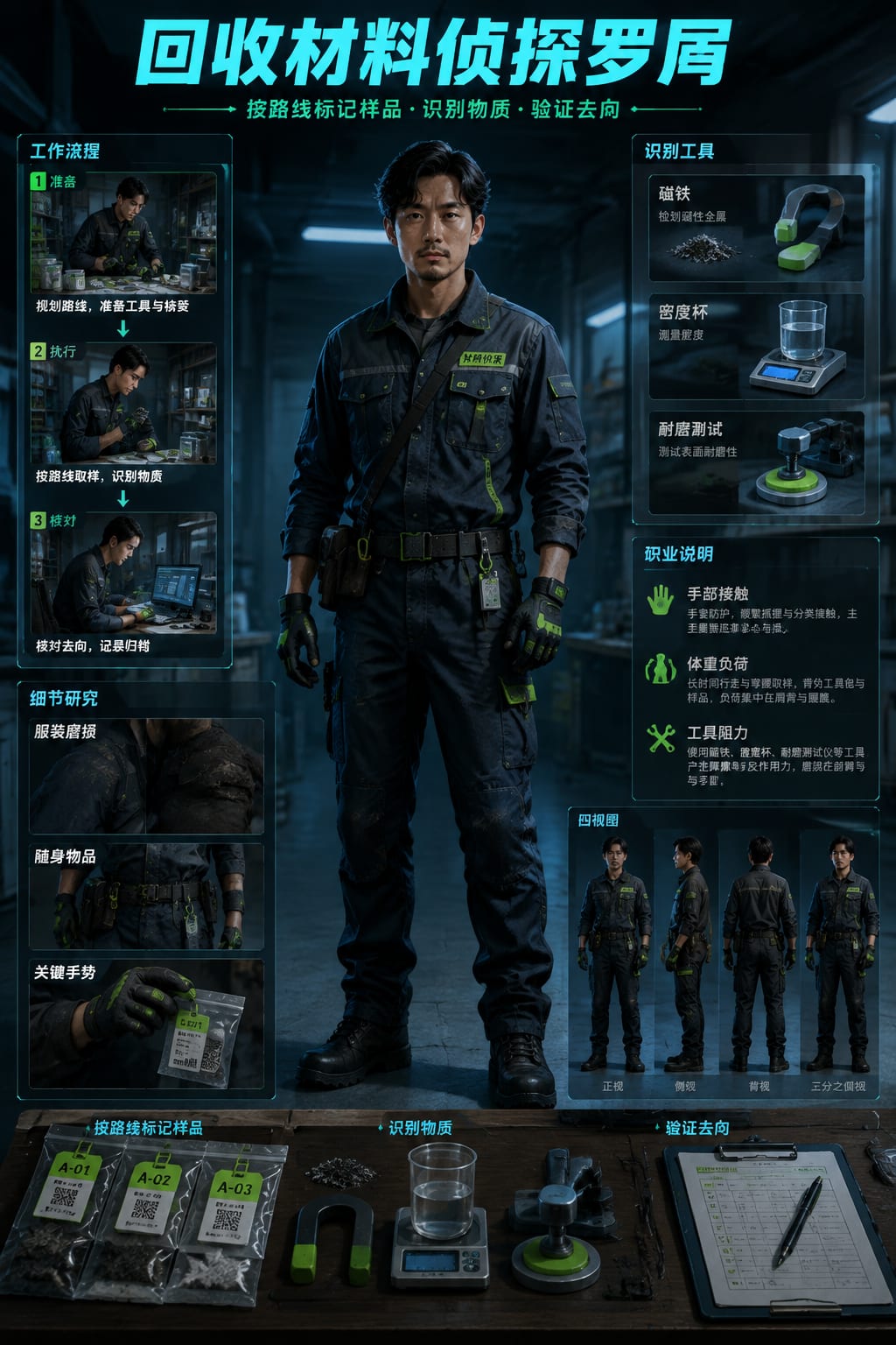 黑哥 AI 原创角色与 3D 玩偶案例：回收材料侦探罗屑制作级人物设定。