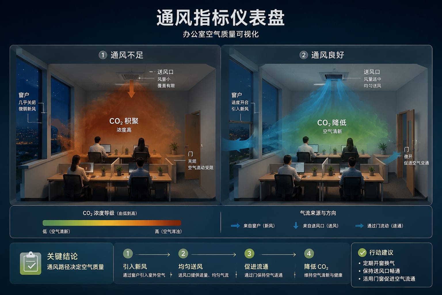 黑哥 AI 原创信息图与示意图案例：通风指标仪表盘。
