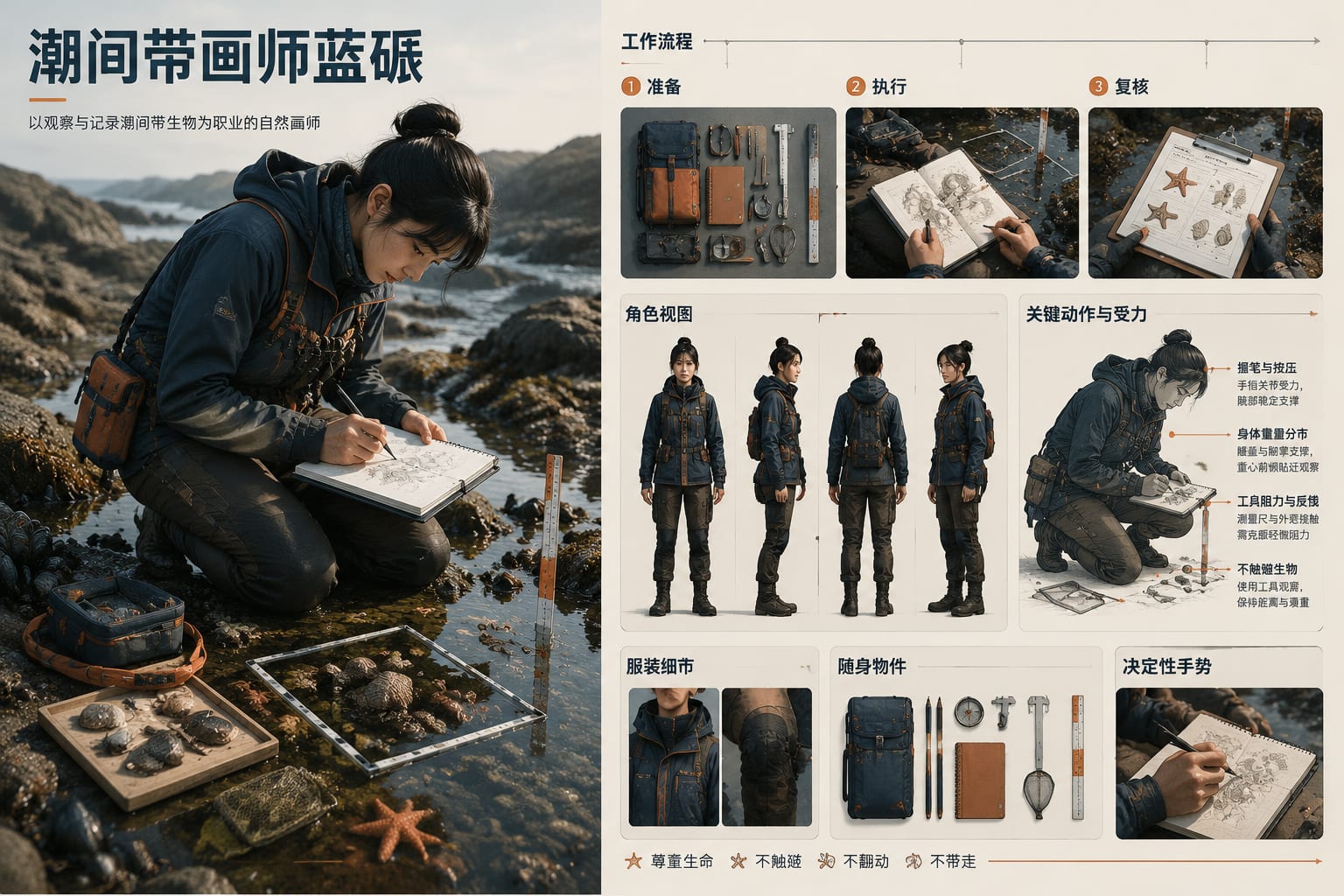 黑哥 AI 原创角色与 3D 玩偶案例：潮间带画师蓝砾制作级人物设定。
