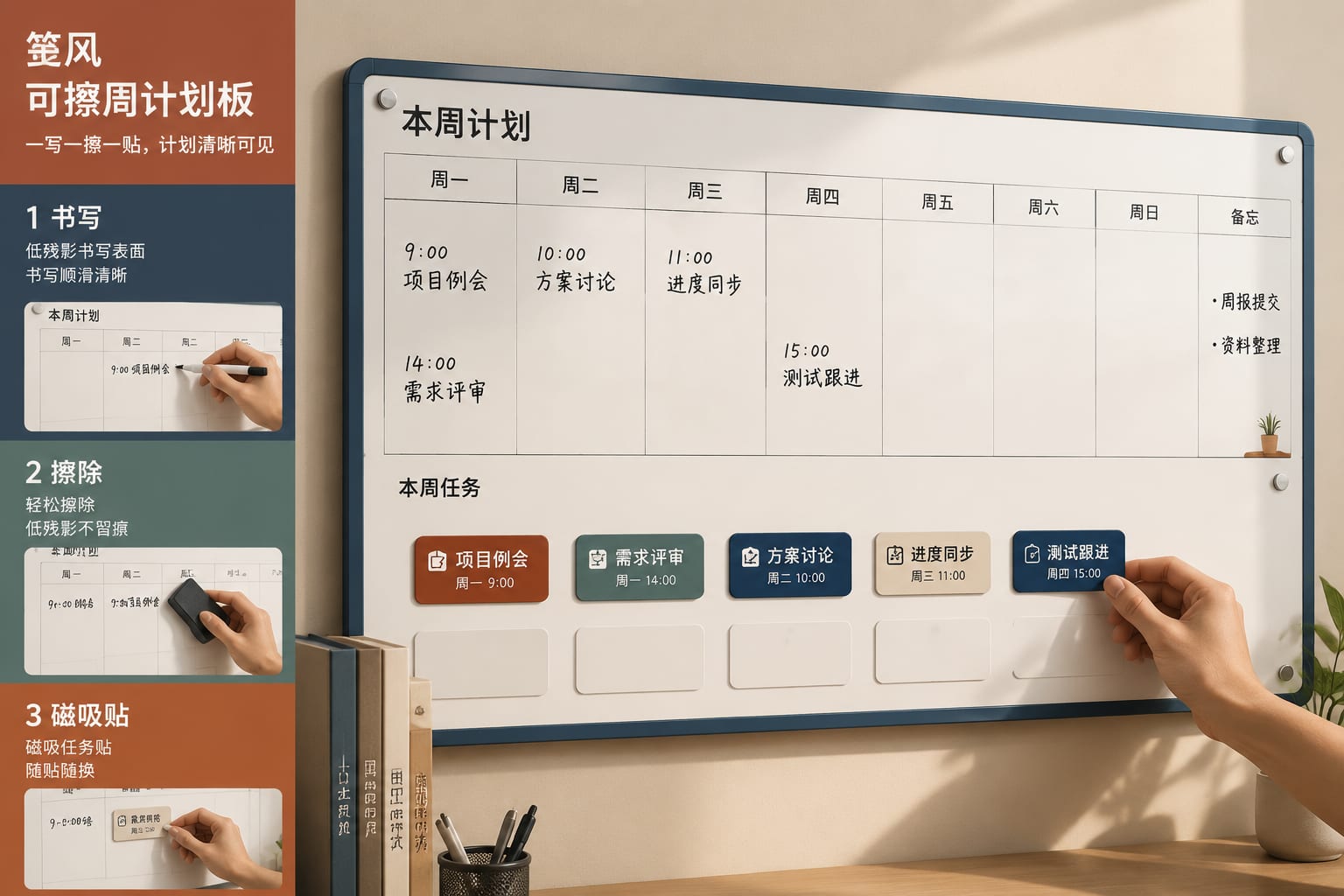 黑哥 AI 原创产品摄影案例:笺风可擦周计划板购买证据主图。