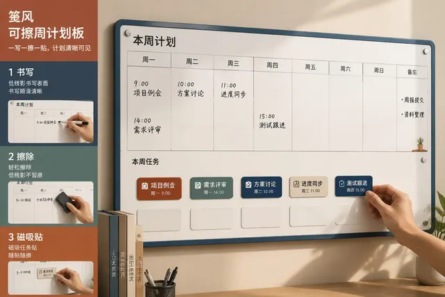 黑哥 AI 原创产品摄影案例：笺风可擦周计划板购买证据主图。