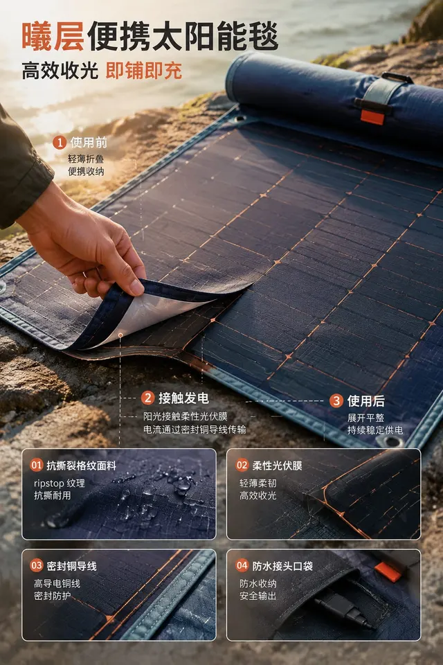 黑哥 AI 原创产品摄影案例：曦层便携太阳能毯购买证据主图。