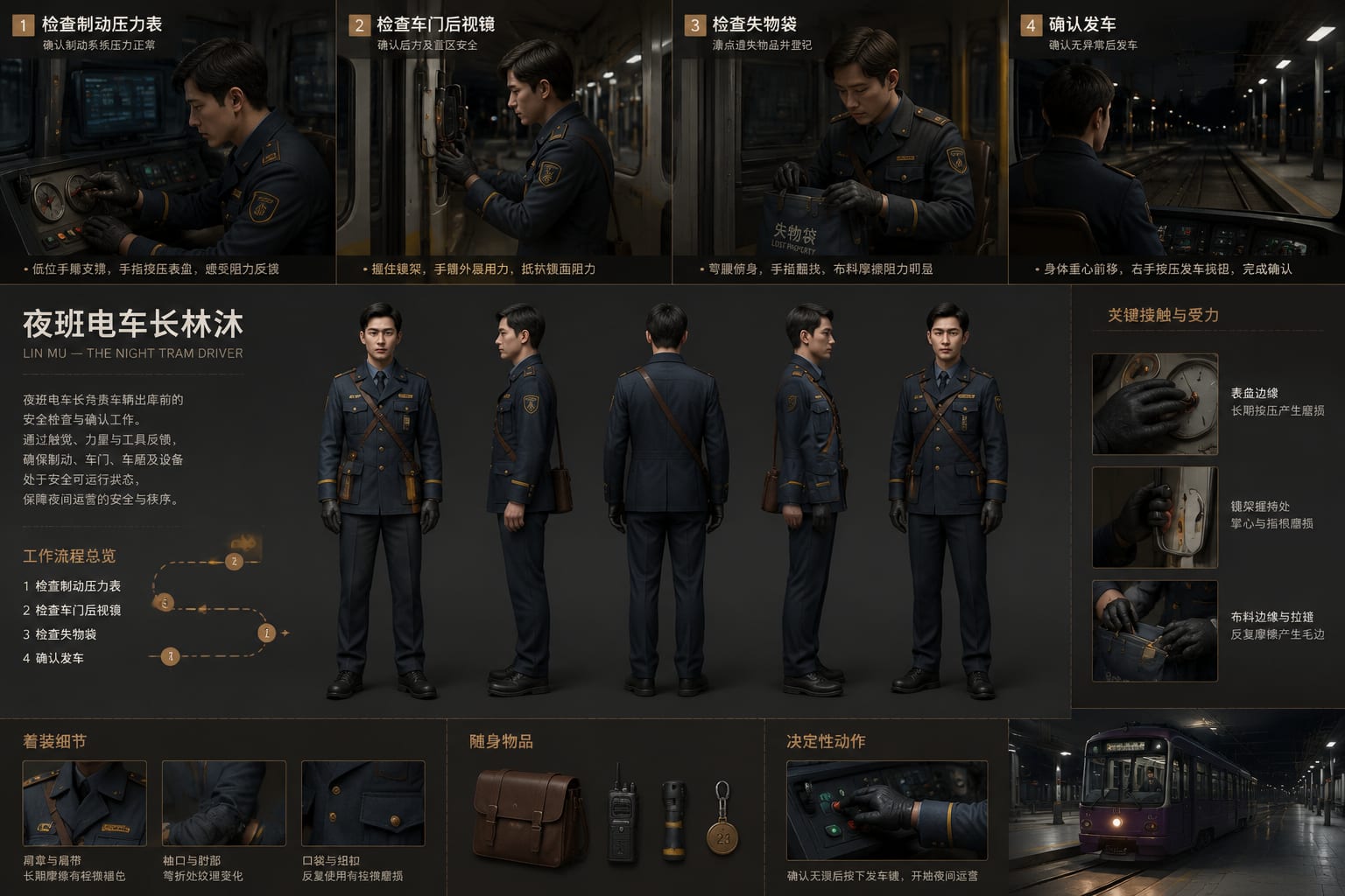 黑哥 AI 原创角色与 3D 玩偶案例:夜班电车长林沐制作级人物设定。