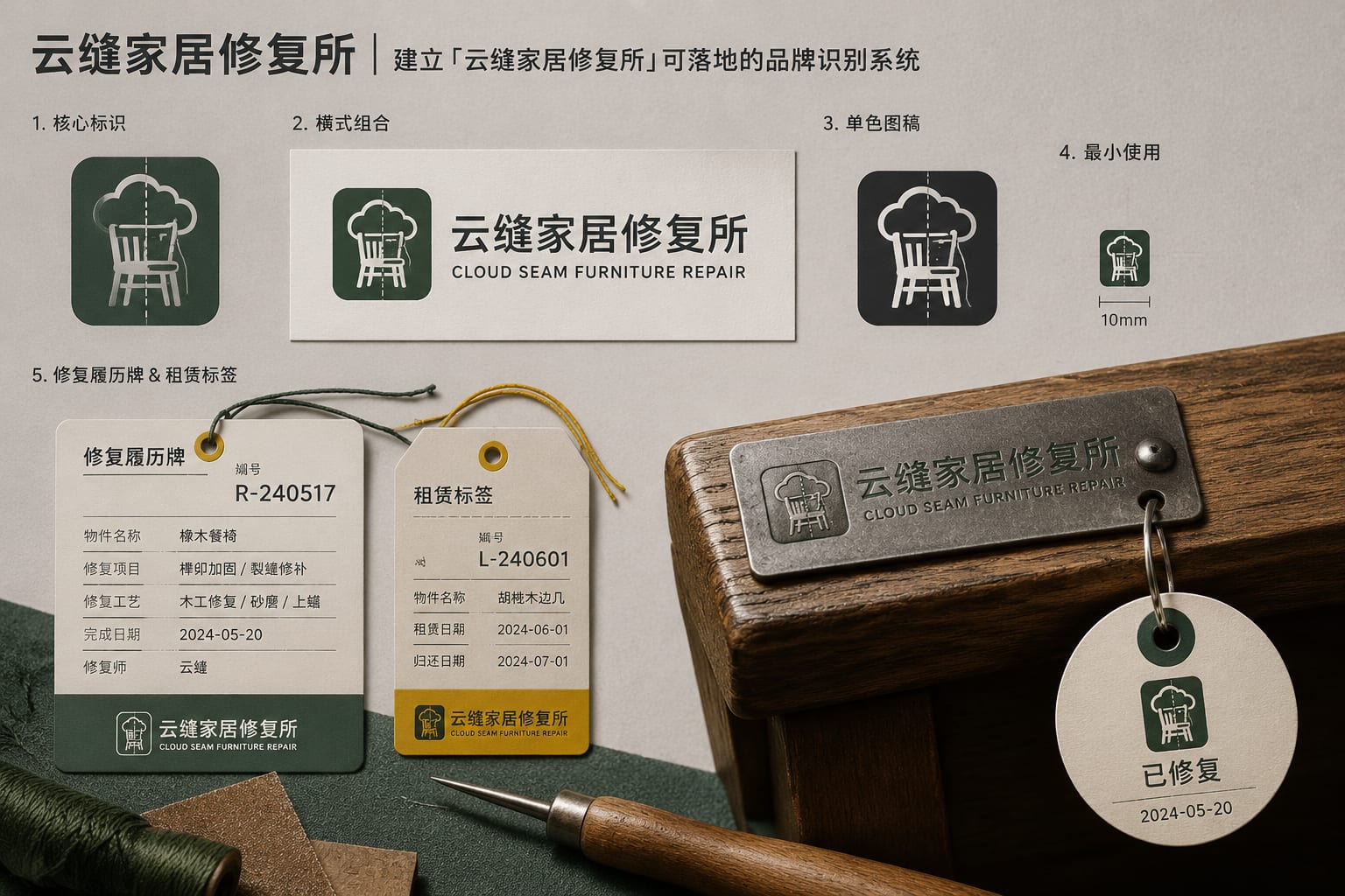 黑哥 AI 原创品牌识别案例：云缝家居修复所品牌识别提案。