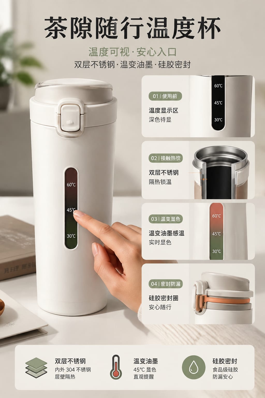 黑哥 AI 原创产品摄影案例：茶隙随行温度杯购买证据主图。