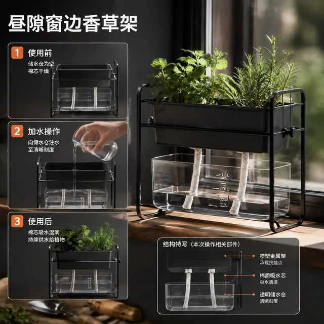黑哥 AI 原创产品摄影案例：昼隙窗边香草架购买证据主图。