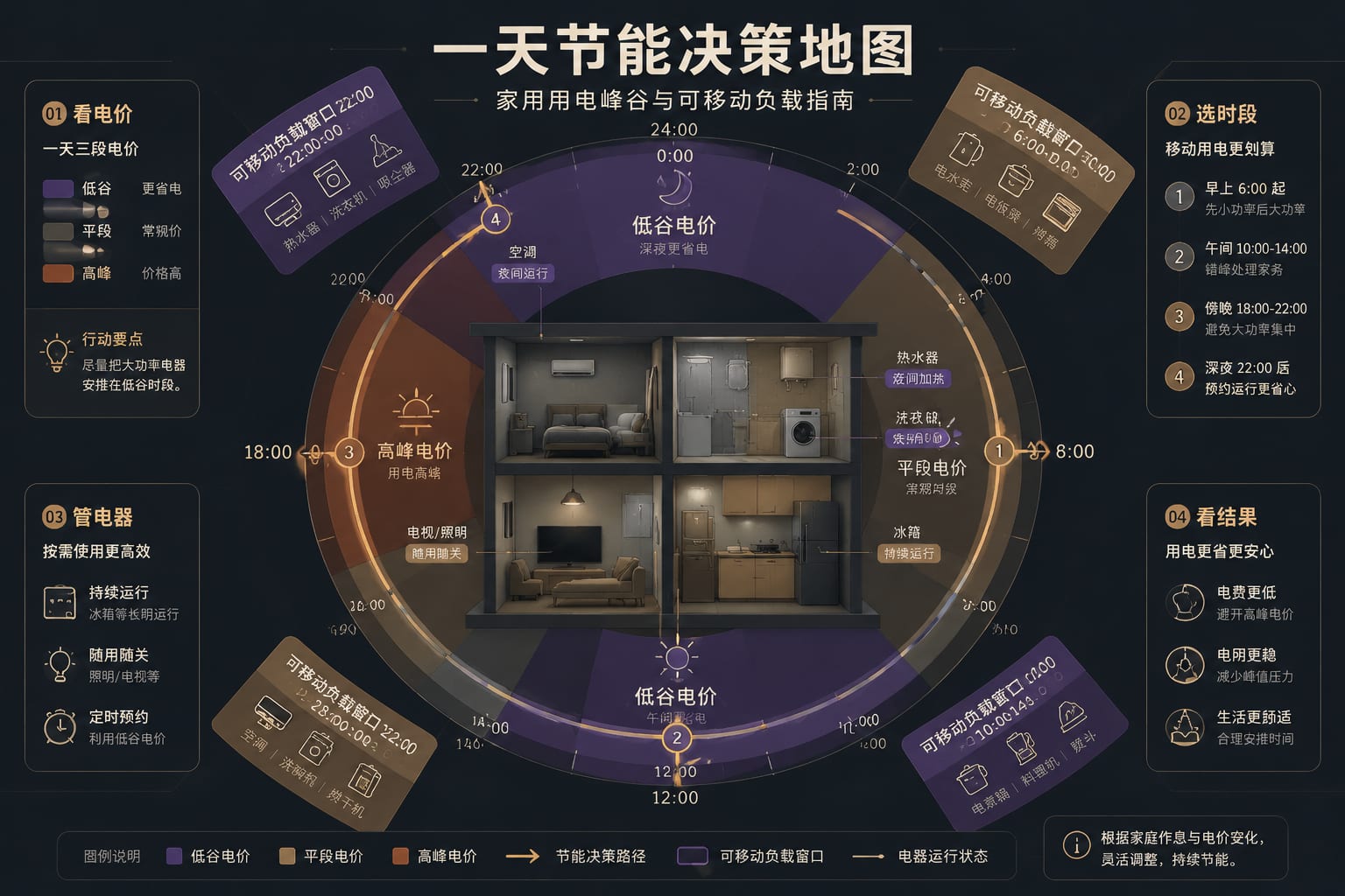黑哥 AI 原创信息图与示意图案例：一天节能决策地图。