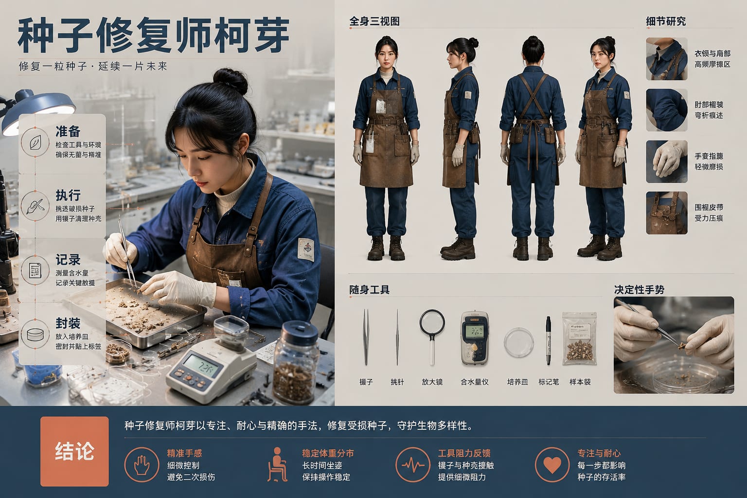 黑哥 AI 原创角色与 3D 玩偶案例:种子修复师柯芽制作级人物设定。