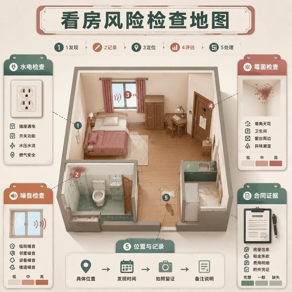黑哥 AI 原创信息图与示意图案例：看房风险检查地图。