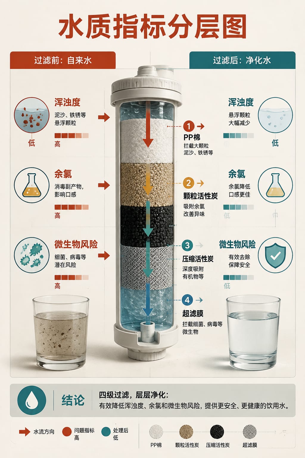黑哥 AI 原创信息图与示意图案例：水质指标分层图。