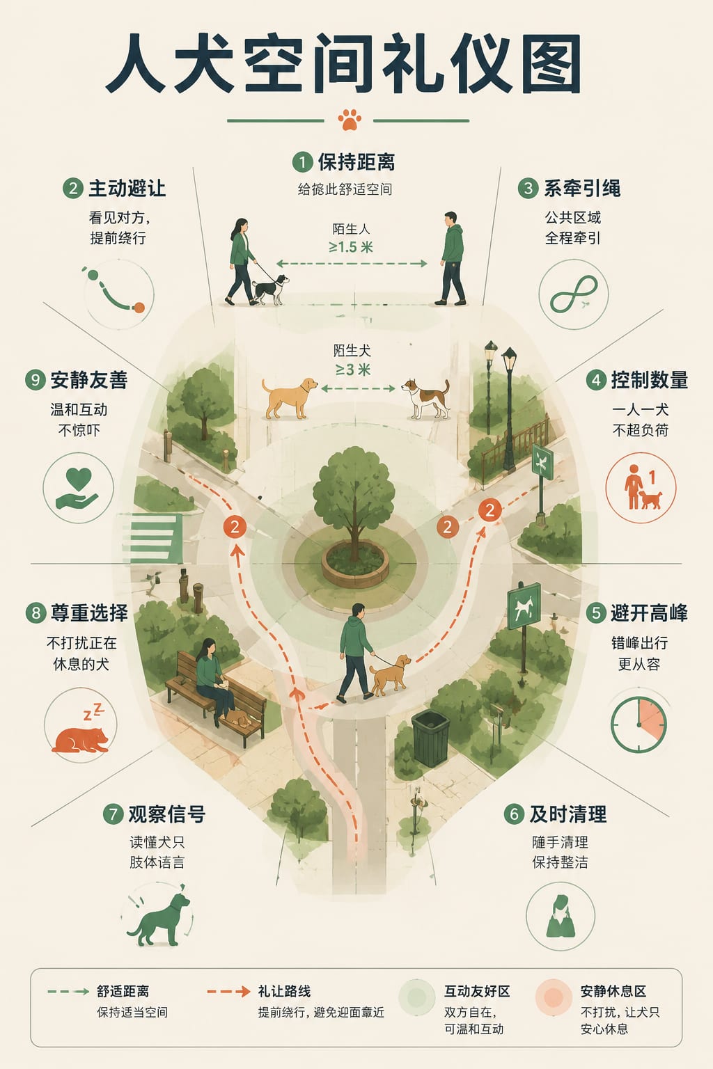 黑哥 AI 原创信息图与示意图案例：人犬空间礼仪图。