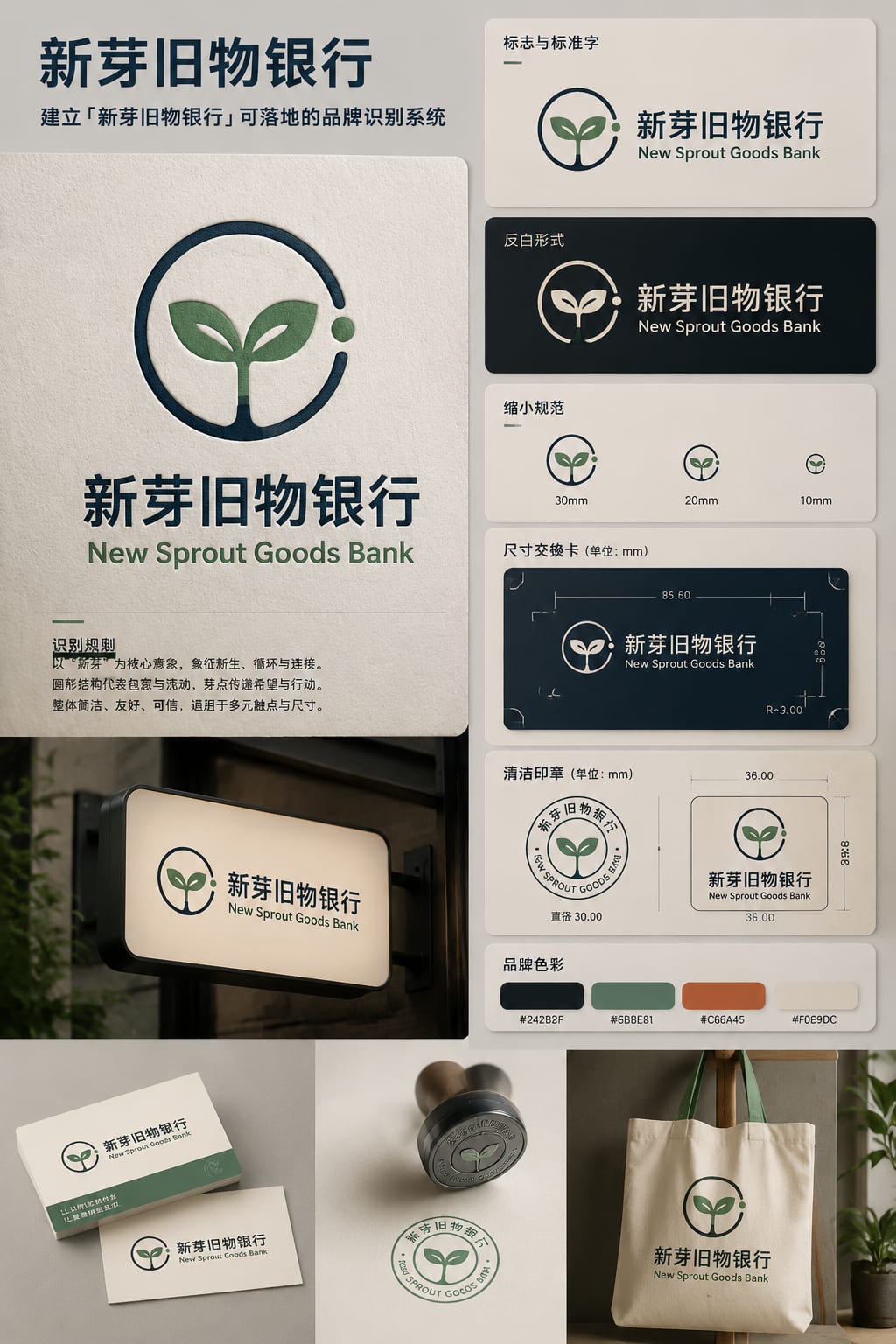 黑哥 AI 原创品牌识别案例:新芽旧物银行品牌识别提案。