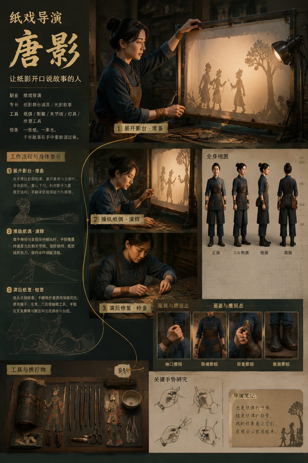 黑哥 AI 原创角色与 3D 玩偶案例：纸戏导演唐影制作级人物设定。