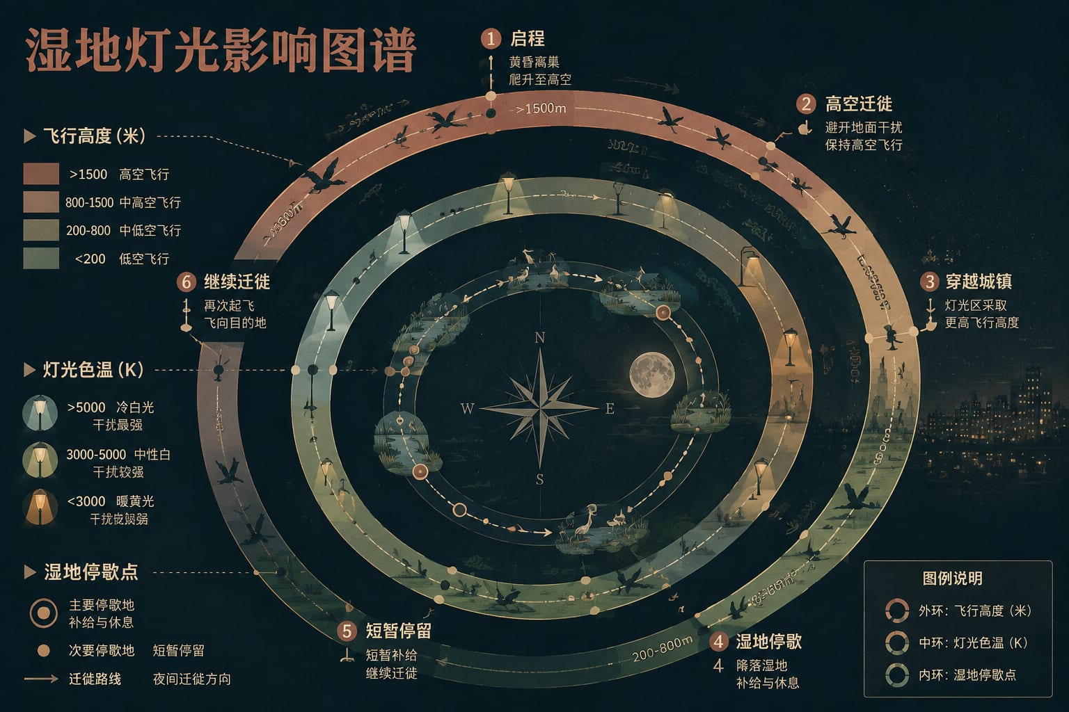 黑哥 AI 原创信息图与示意图案例：湿地灯光影响图谱。