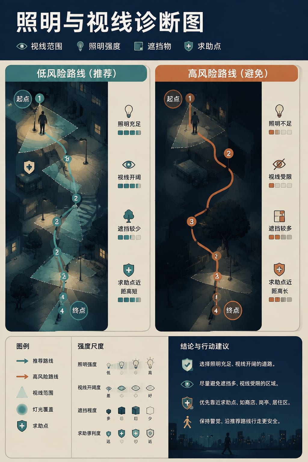 黑哥 AI 原创信息图与示意图案例：照明与视线诊断图。