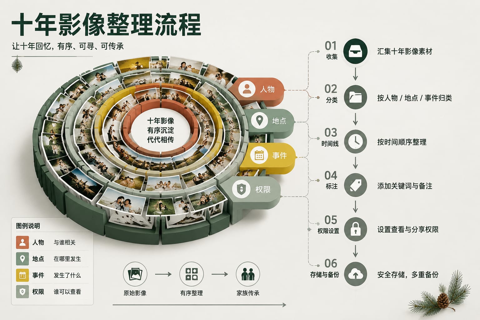 黑哥 AI 原创信息图与示意图案例：十年影像整理流程。