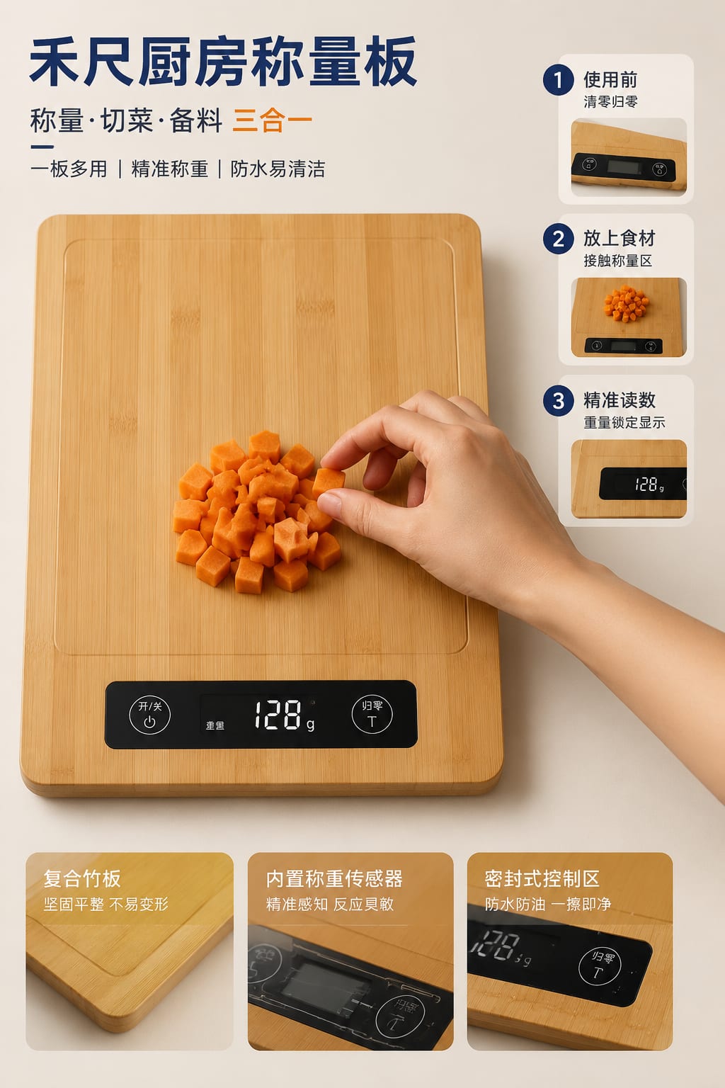 黑哥 AI 原创产品摄影案例：禾尺厨房称量板购买证据主图。