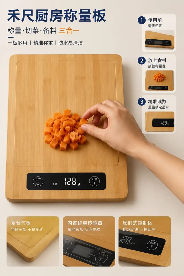 黑哥 AI 原创产品摄影案例：禾尺厨房称量板购买证据主图。