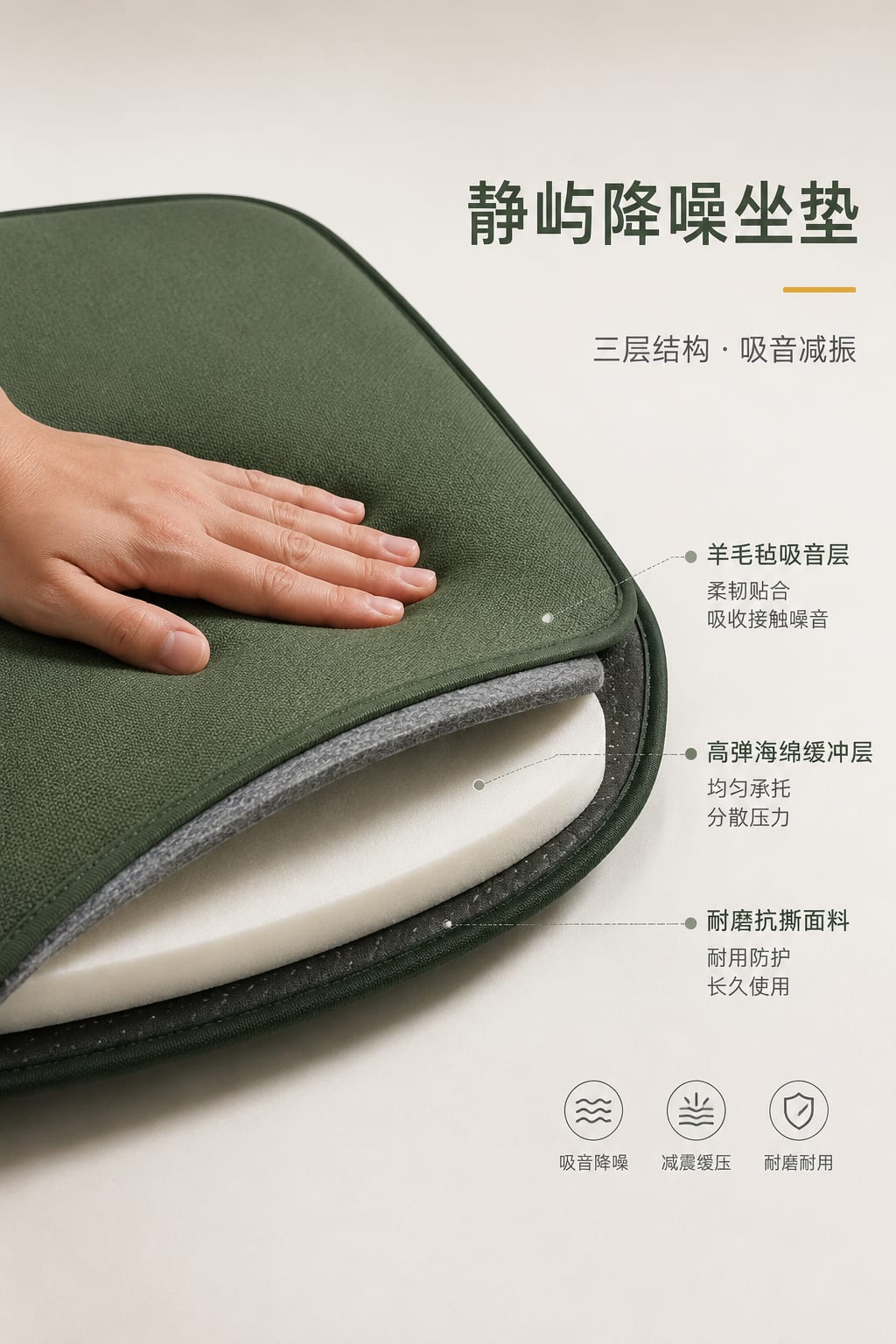 黑哥 AI 原创产品摄影案例：静屿降噪坐垫购买证据主图。