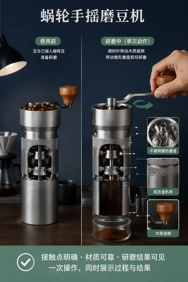 黑哥 AI 原创产品摄影案例：蜗轮手摇磨豆机购买证据主图。