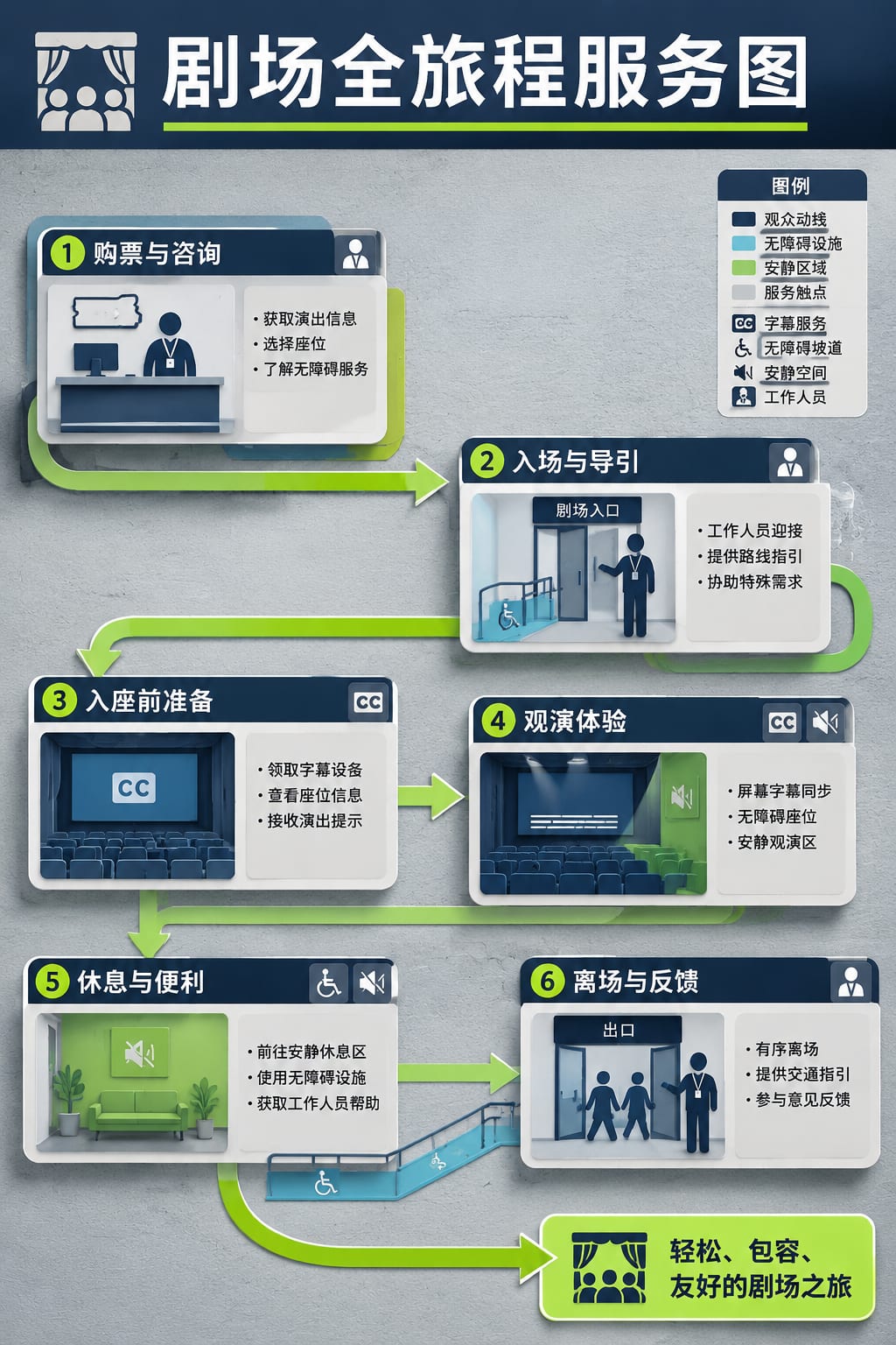 黑哥 AI 原创信息图与示意图案例：剧场全旅程服务图。