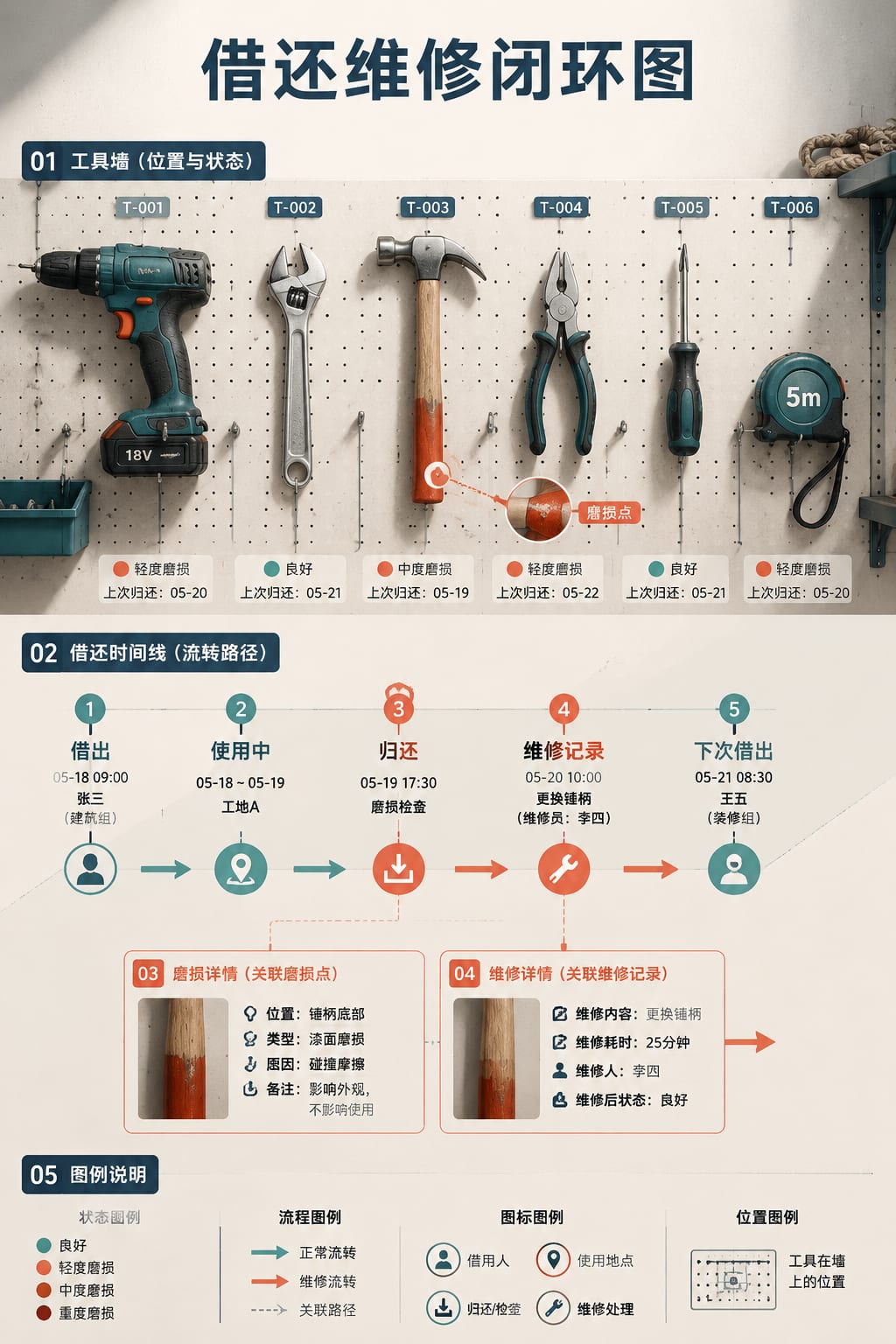 黑哥 AI 原创信息图与示意图案例：借还维修闭环图。