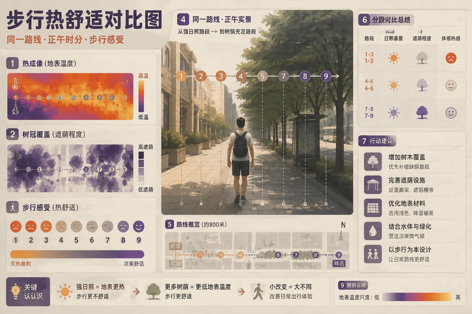 黑哥 AI 原创信息图与示意图案例：步行热舒适对比图。