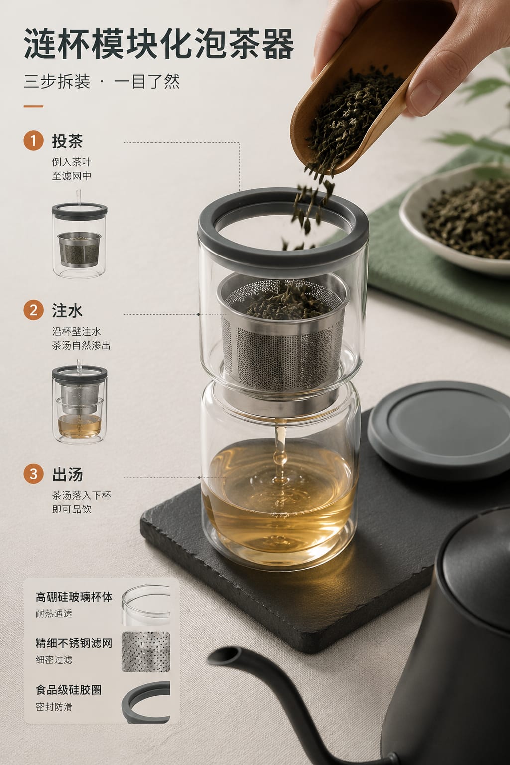 黑哥 AI 原创产品摄影案例:涟杯模块化泡茶器购买证据主图。