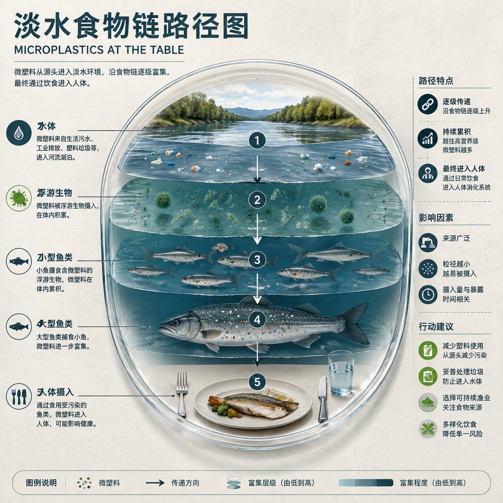 黑哥 AI 原创信息图与示意图案例：淡水食物链路径图。