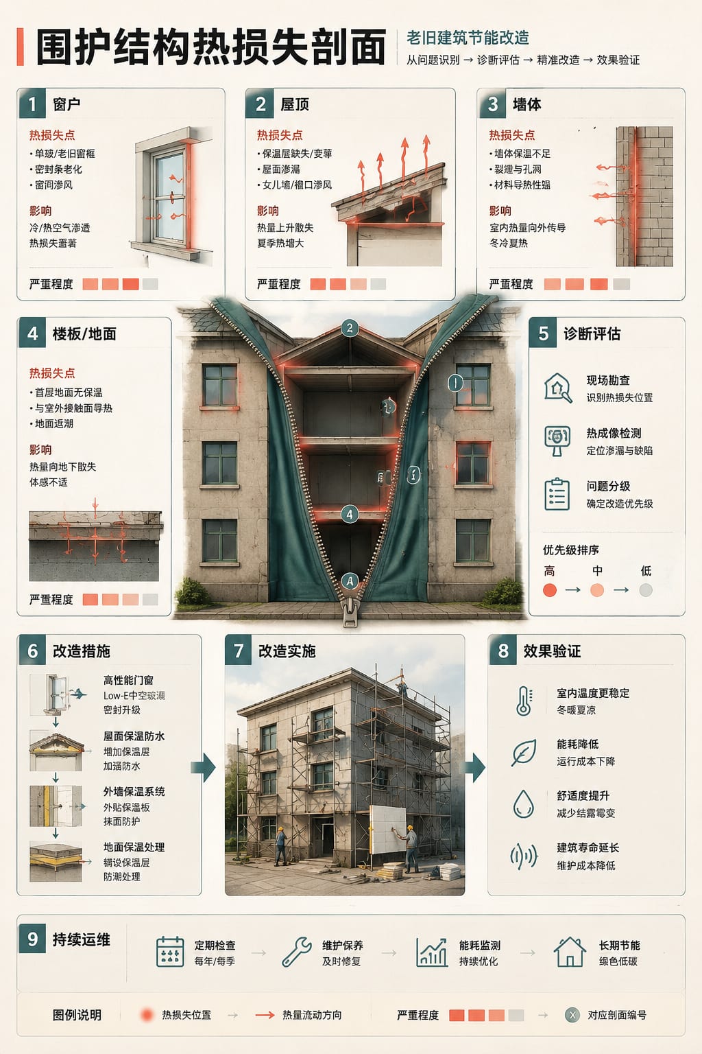 黑哥 AI 原创信息图与示意图案例：围护结构热损失剖面。