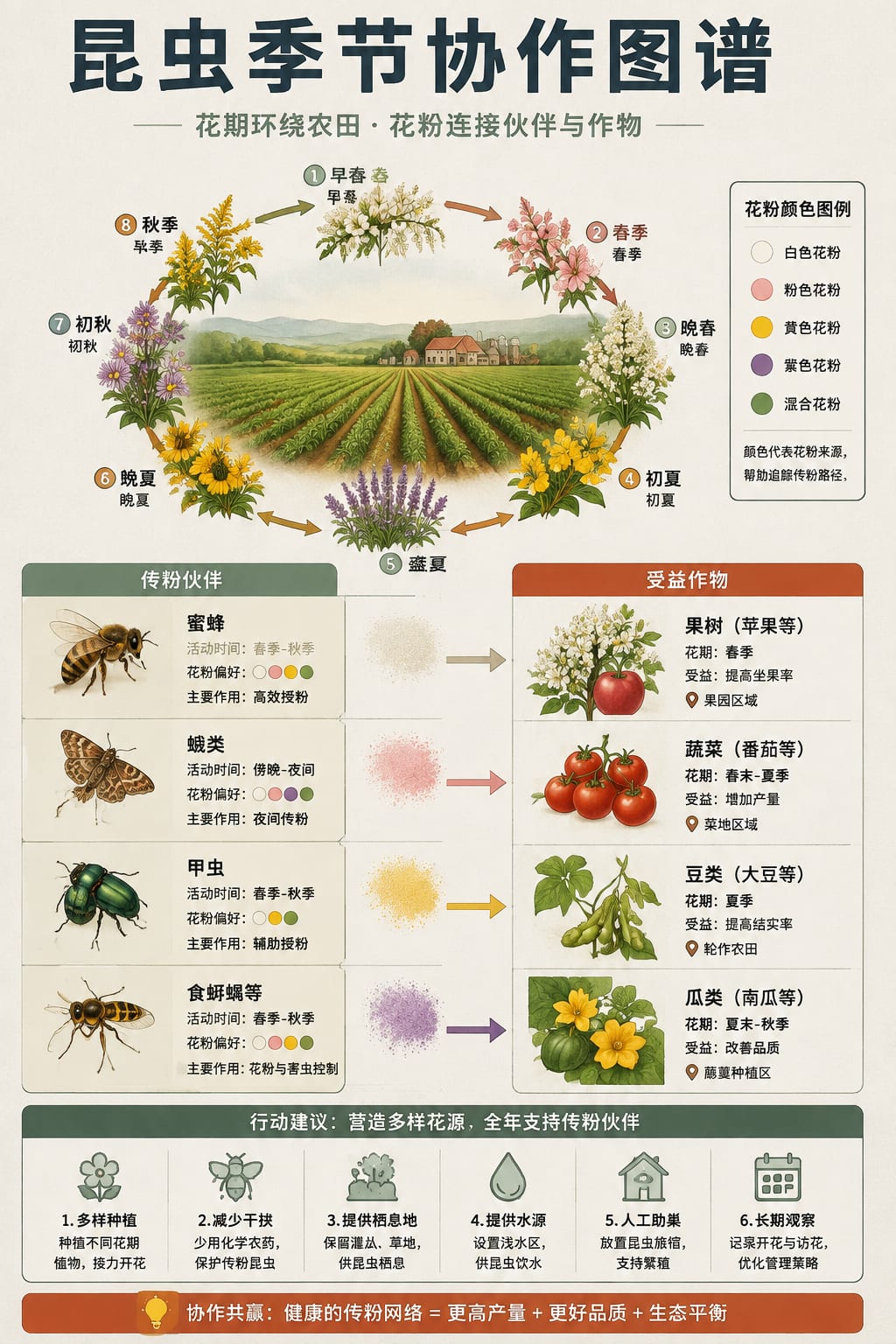 黑哥 AI 原创信息图与示意图案例：昆虫季节协作图谱。
