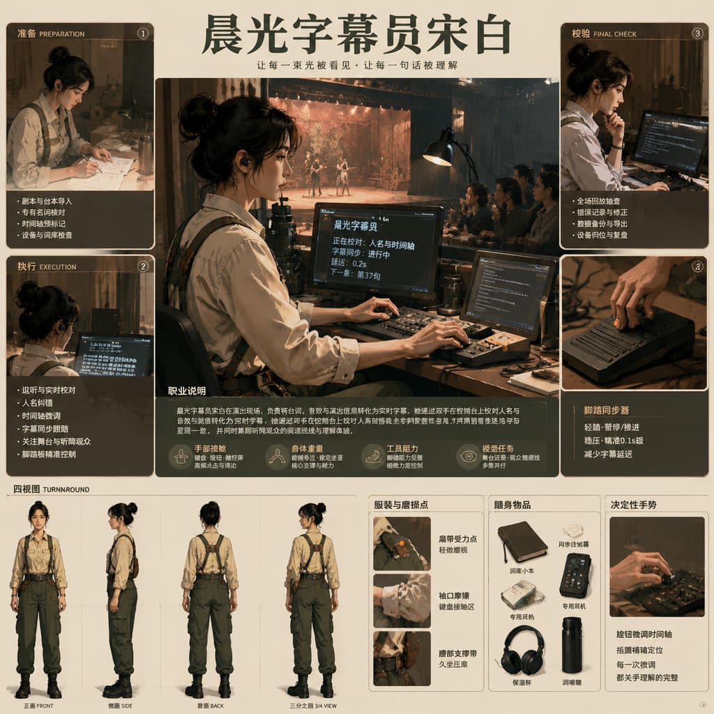 黑哥 AI 原创角色与 3D 玩偶案例：晨光字幕员宋白制作级人物设定。