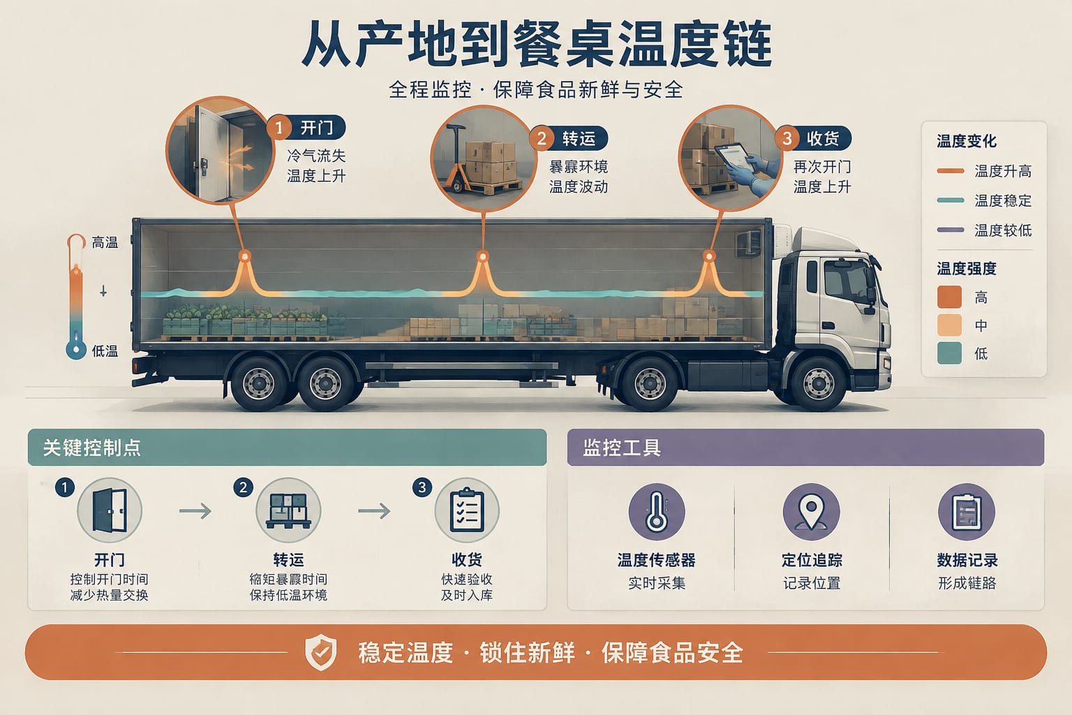 黑哥 AI 原创信息图与示意图案例：从产地到餐桌温度链。