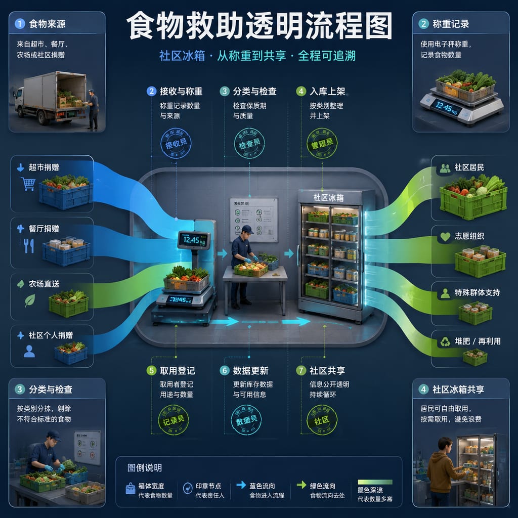 黑哥 AI 原创信息图与示意图案例：食物救助透明流程图。