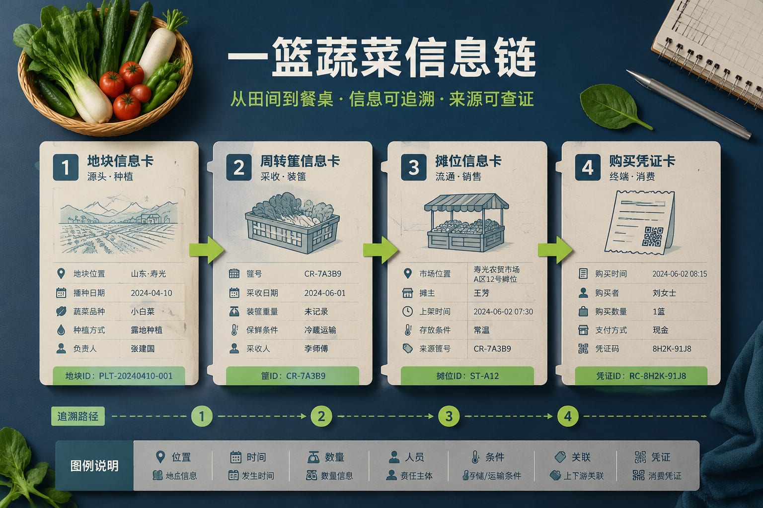 黑哥 AI 原创信息图与示意图案例：一篮蔬菜信息链。