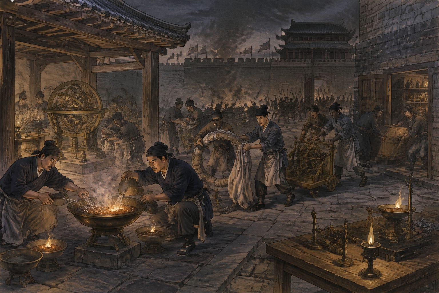 黑哥 AI 原创古典与历史案例：宫门外工匠在政变夜保护天文仪器的群像叙事：工匠关掉火盆、包裹铜环并把仪器推入侧库。