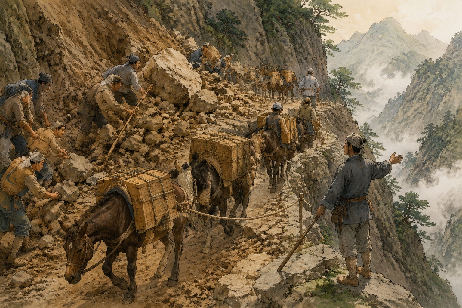 黑哥 AI 原创古典与历史案例：山地茶路商队协助修复塌方栈道的连续画页：商队卸下货索搭成临时吊架。