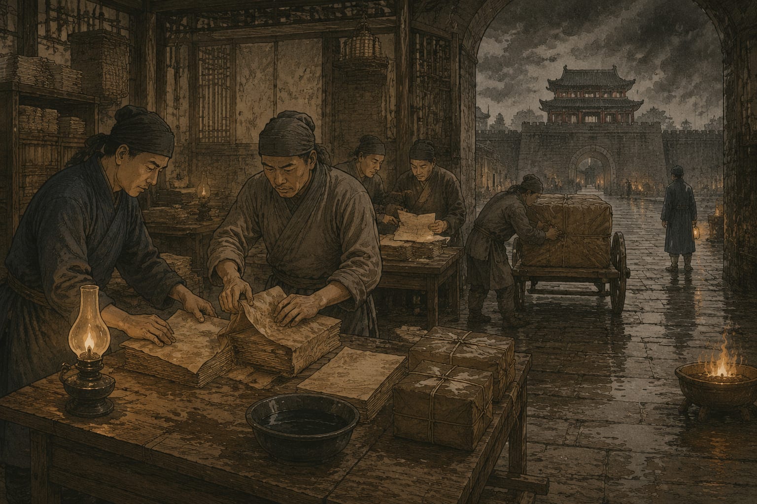 黑哥 AI 原创古典与历史案例：古城夜禁前驿站转移纸本文书的日常场景：驿卒把受潮文书装入油纸箱。