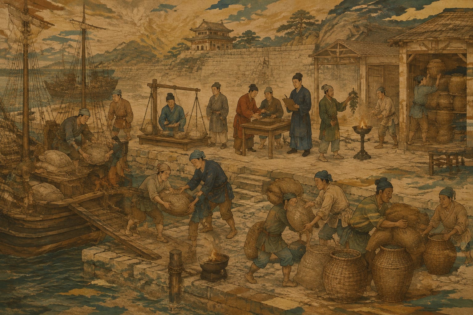 黑哥 AI 原创古典与历史案例：海上贸易小港从卸种到检疫的多人物长卷：沿码头顺序展开卸箱、称量、辨种、隔离与入库。