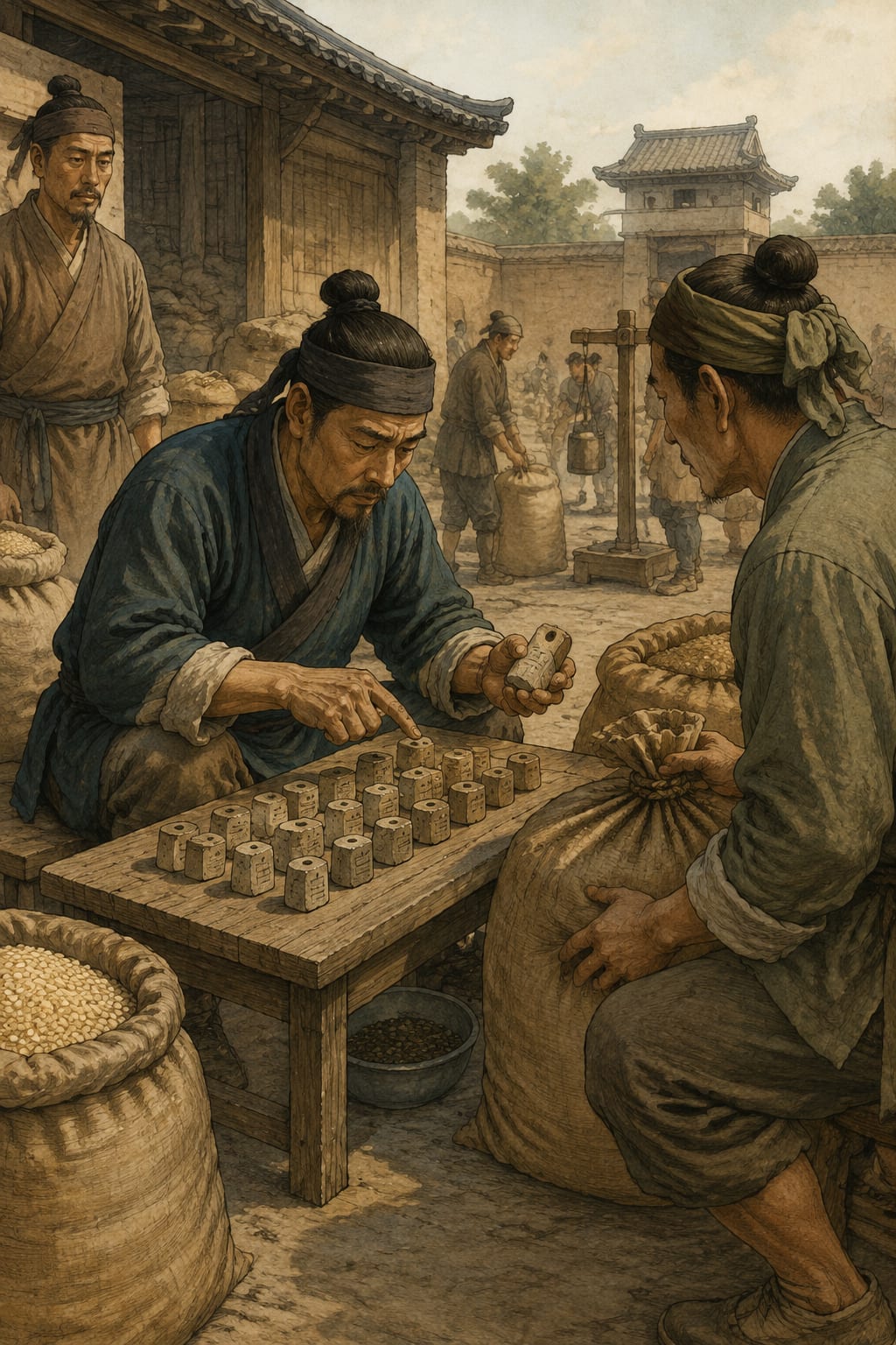 黑哥 AI 原创古典与历史案例：开国初年地方粮仓复核赈济陶筹的制度图：守仓人用陶筹与粮袋封签逐项核对。