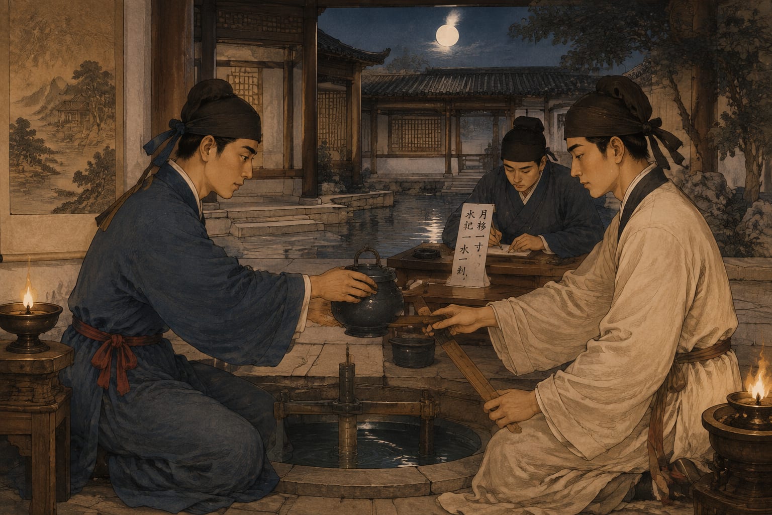 黑哥 AI 原创古典与历史案例：古书院学生用月影校准漏刻的诗画页：两名学生交换漏壶与标尺。