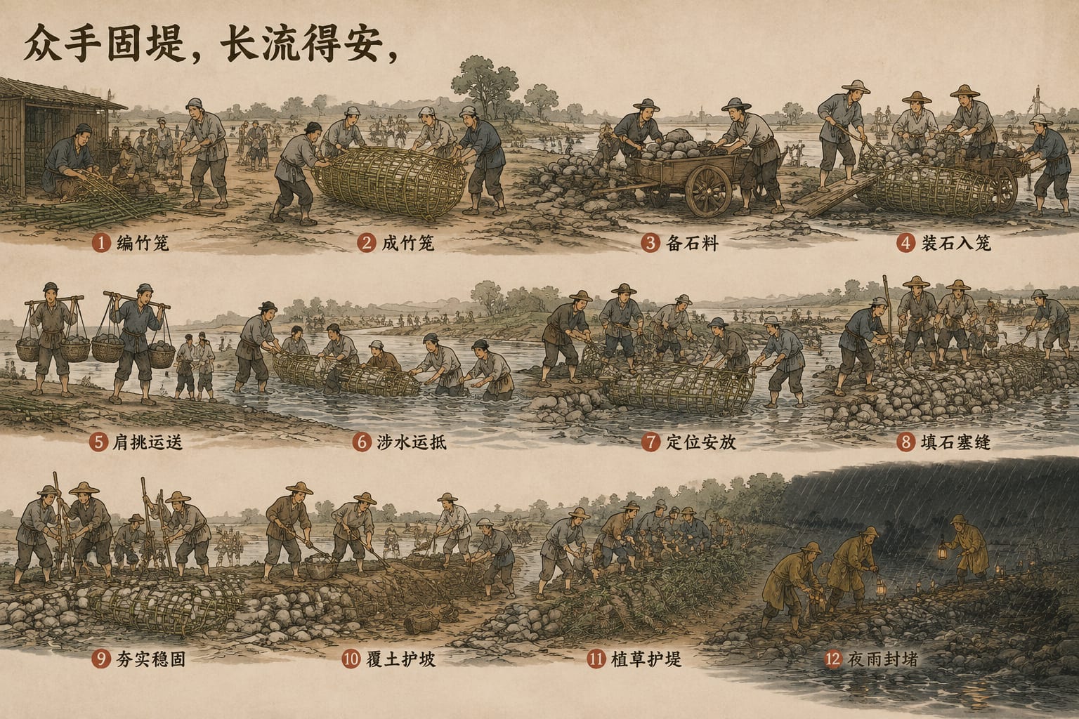 黑哥 AI 原创古典与历史案例：河堤岁修从清晨到夜雨的十二段连续长卷：从编竹笼、装卵石到夜雨中封最后一道缺口。