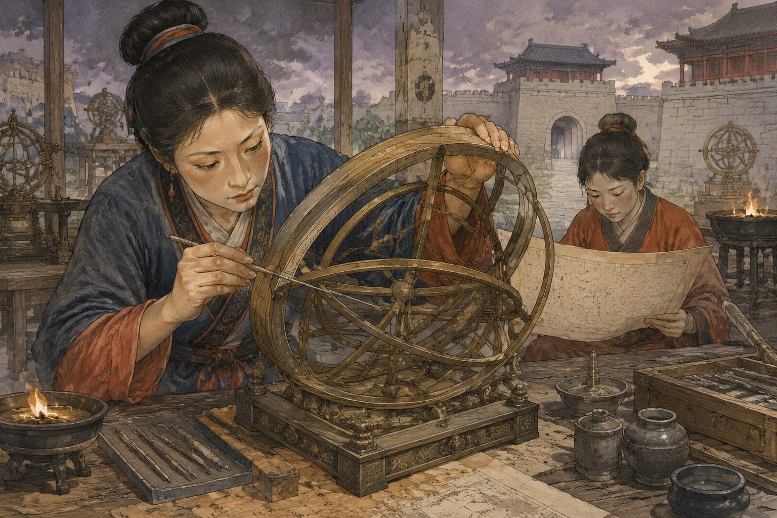 黑哥 AI 原创古典与历史案例：古代女天文工匠校刻浑仪刻度的人物器物志：一手扶稳铜环、一手用细刻针修正刻度。