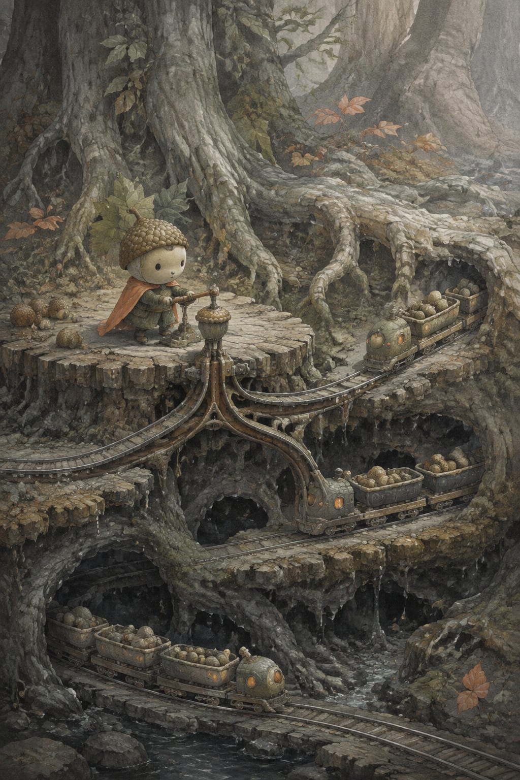 黑哥 AI 原创插画案例：在橡果站台调度根系列车的森林站长：拨动橡果信号灯。