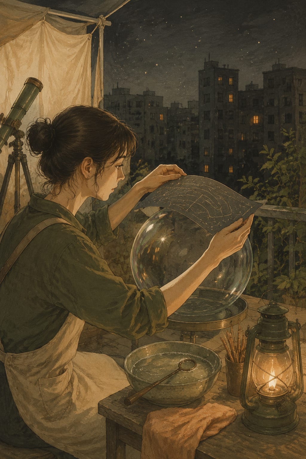 黑哥 AI 原创插画案例：用肥皂泡折射星图的阳台天文学家：把一张星图弯进大泡泡表面。