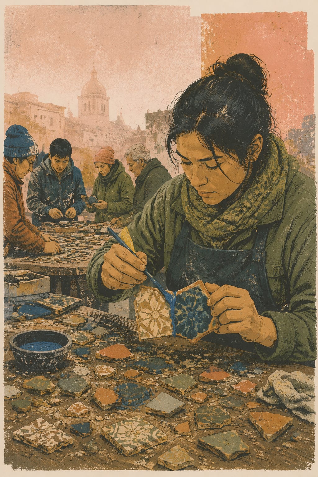 黑哥 AI 原创插画案例：给碎瓦片重新配对邻居的马赛克医生：让两块陌生碎瓦试合。
