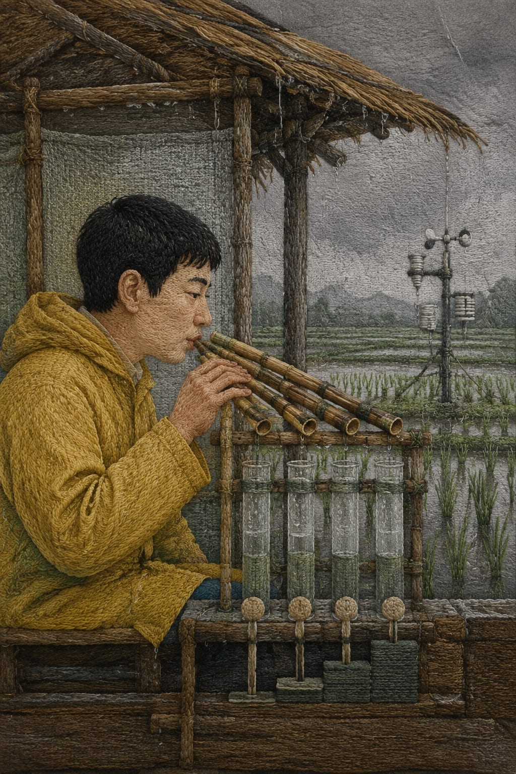 黑哥 AI 原创插画案例：用芦笛气孔记录湿度的田野气象站：吹过四根不同长度芦管。