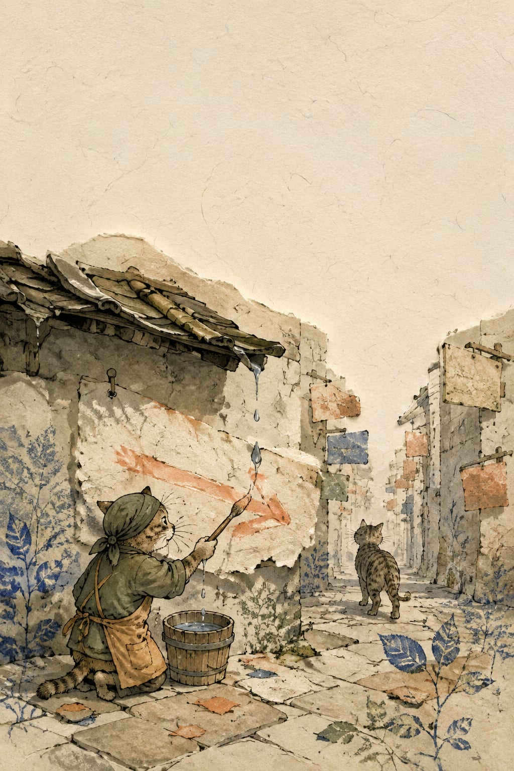 黑哥 AI 原创插画案例：为无名巷猫重画方向牌的胡须画师：蘸取屋檐雨水重画歪掉箭头。