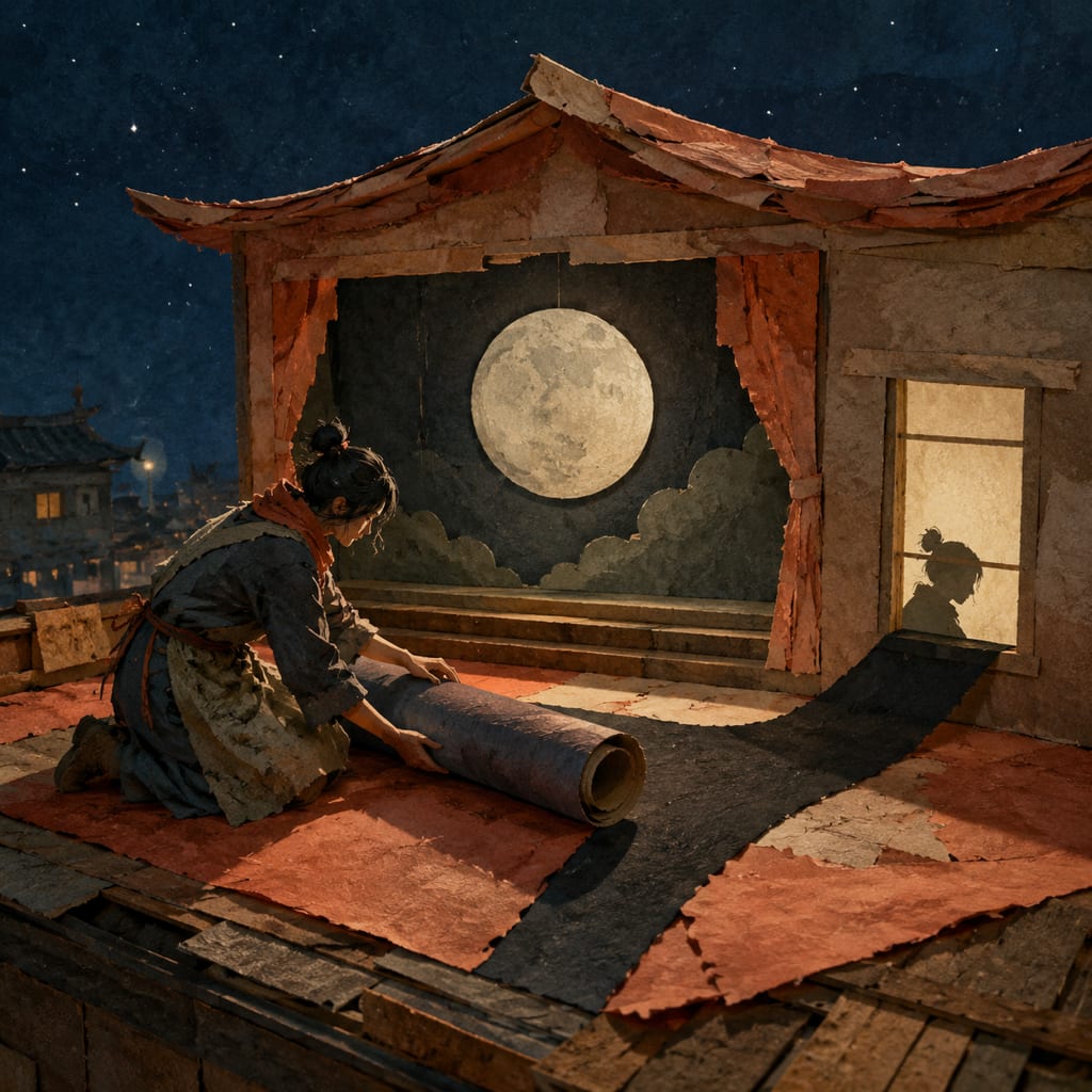 黑哥 AI 原创插画案例：替纸月亮收好每晚影子的夜空保管员：卷起一张过长影子放入纸筒。